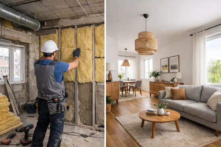 Isolation thermique des murs avant rénovation intérieure et finitions dans un appartement