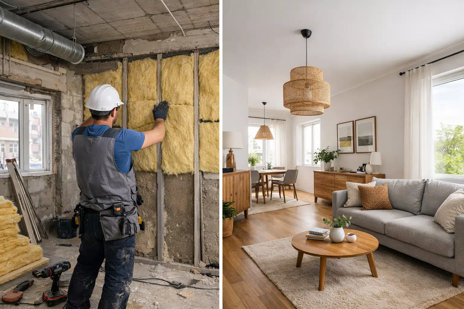 Isolation thermique des murs avant rénovation intérieure et finitions dans un appartement