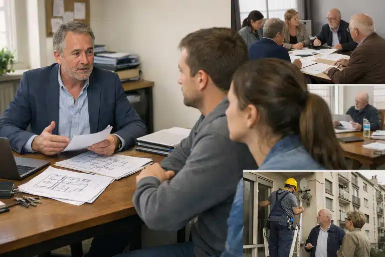 Trois collègues en réunion et ouvrier en casque sur échafaudage