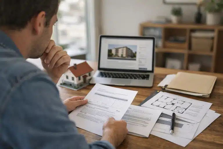 Homme examinant documents et maquette de maison