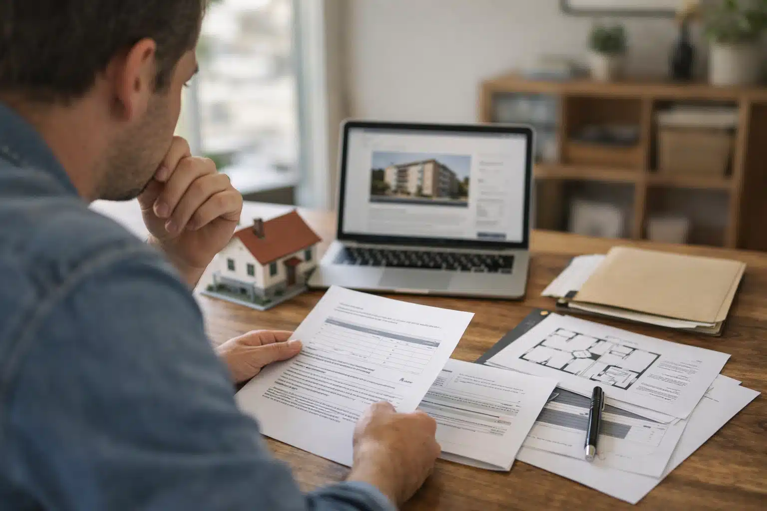 Homme examinant documents et maquette de maison
