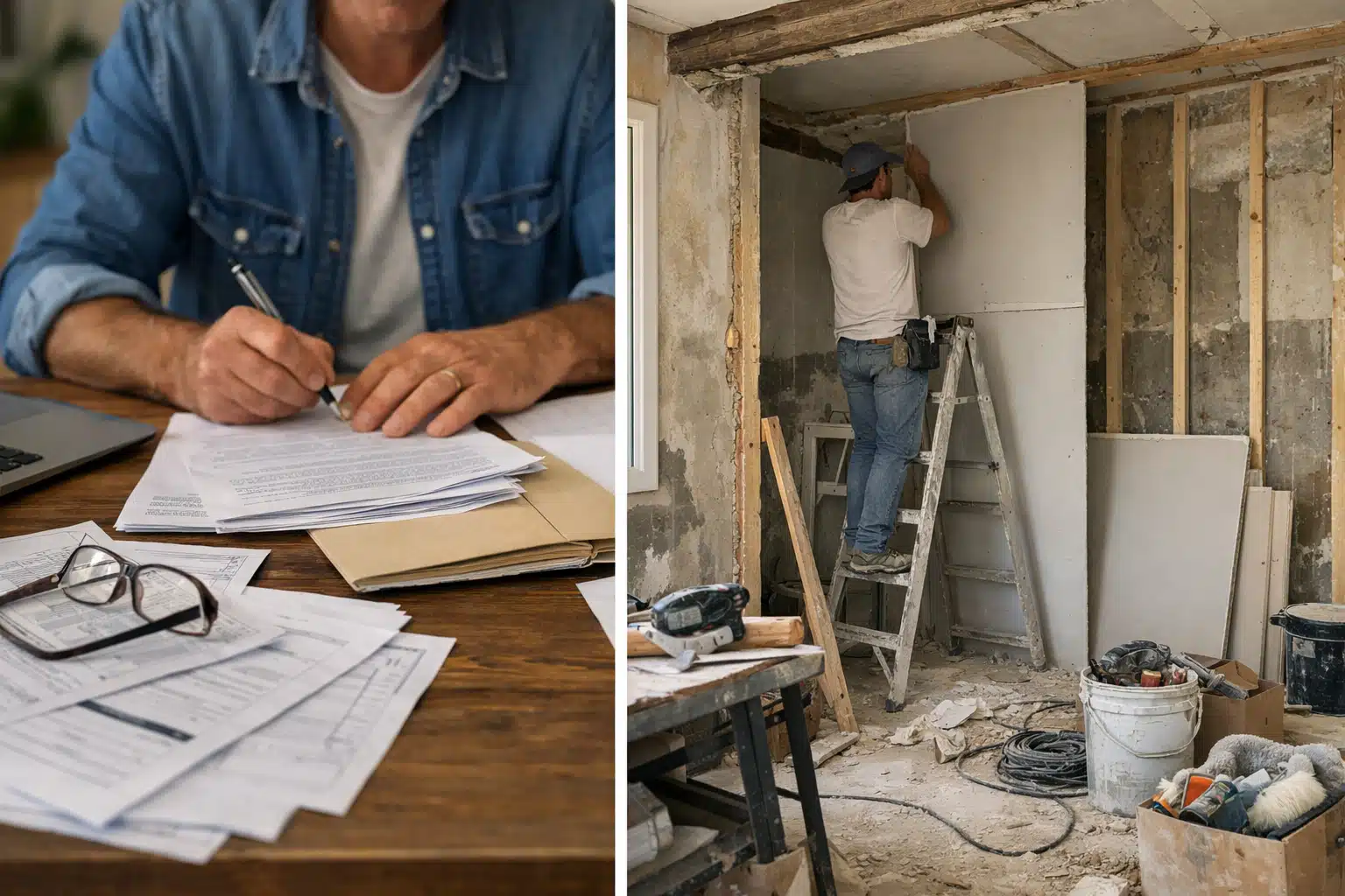 Personne signant des contrats, ouvrier rénovant un mur