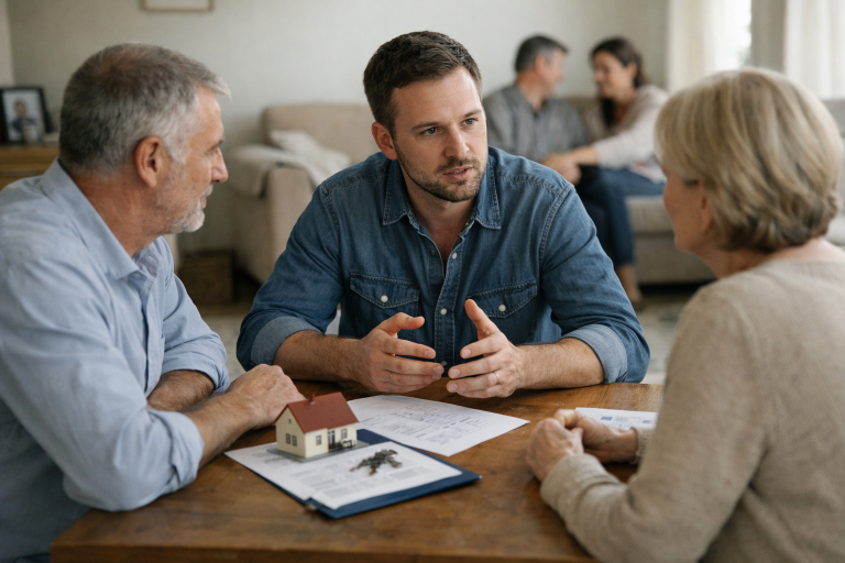 Homme discutant d'un achat immobilier avec un couple