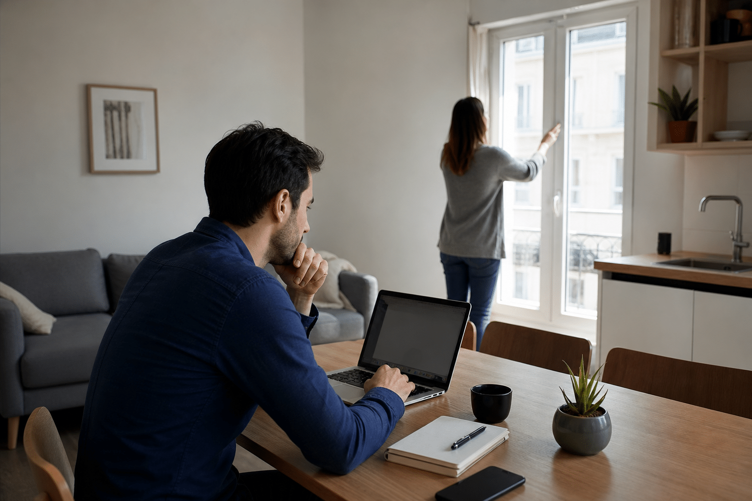 Homme travaillant sur ordinateur, femme ouvrant la fenêtre