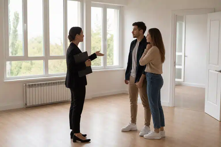 Agent immobilier présentant un appartement vide au couple