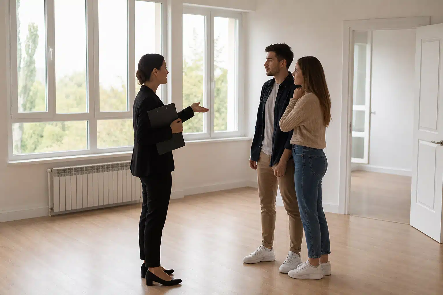 Agent immobilier présentant un appartement vide au couple