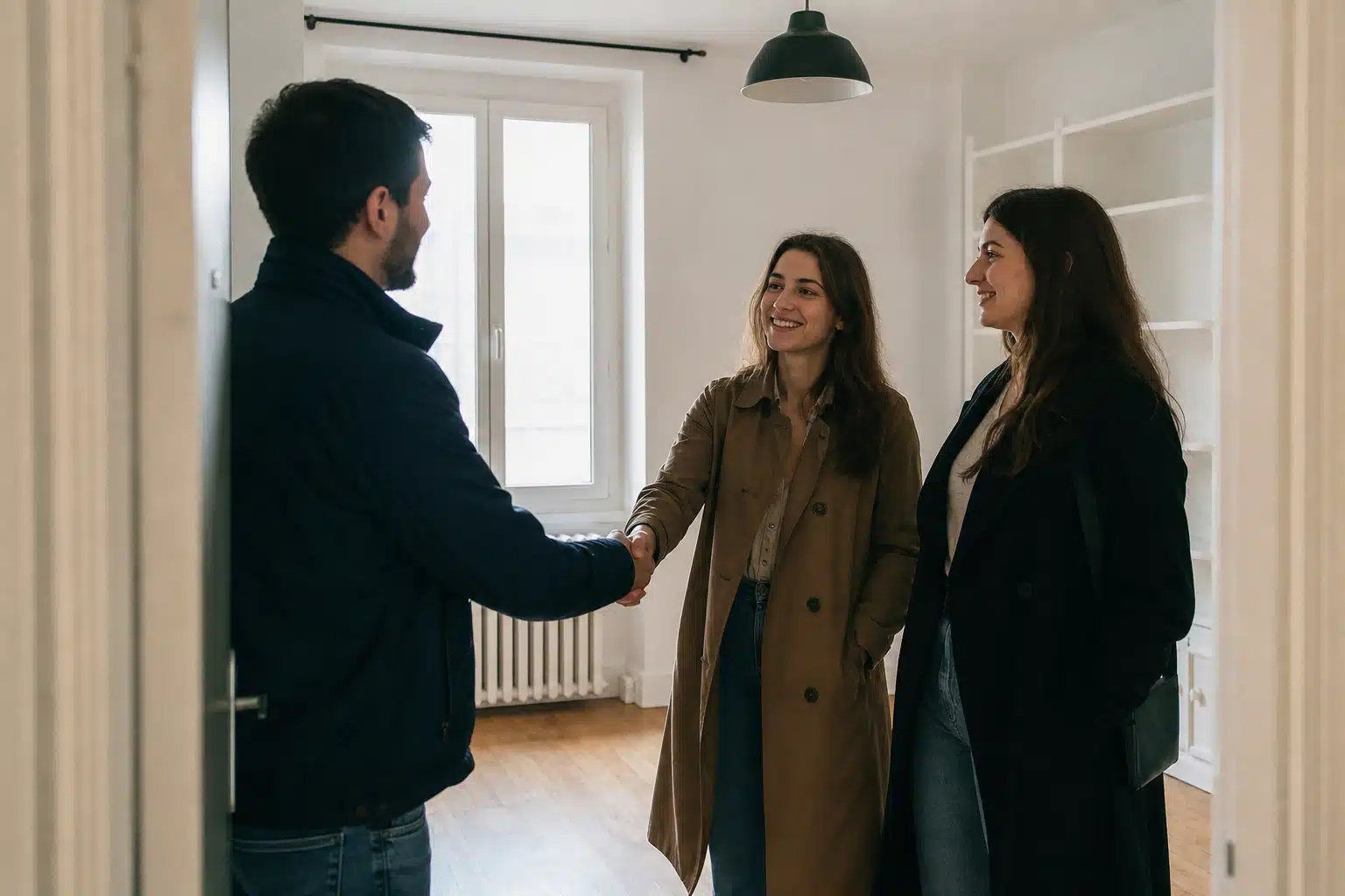 Un homme serre la main d'une femme, une autre sourit
