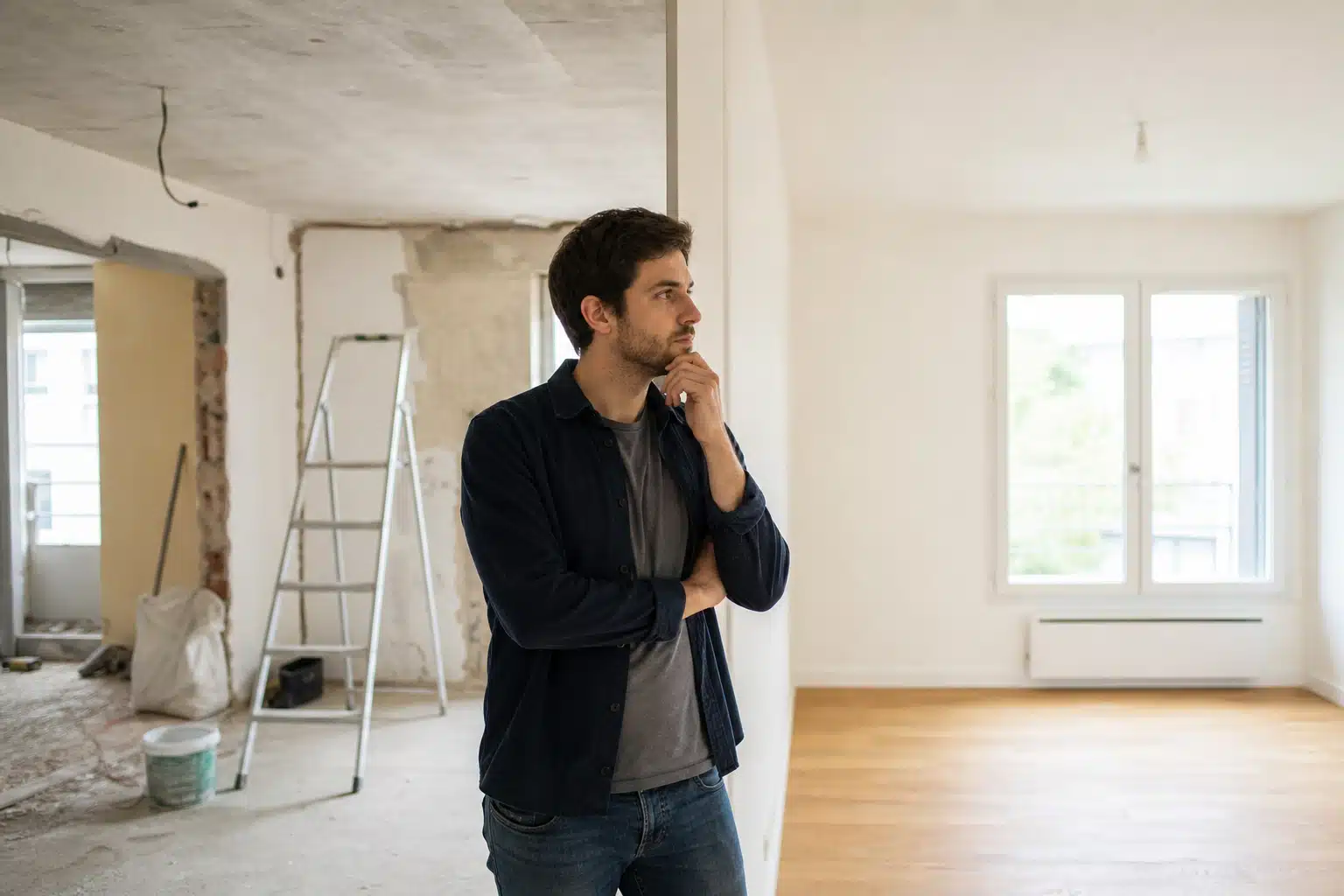 Homme pensif dans pièce en rénovation